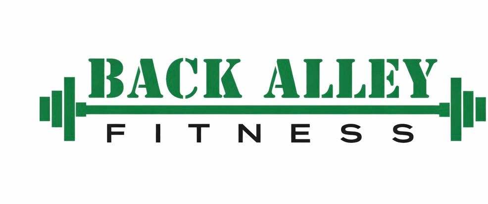 Green logo for "BACK ALLEY FITNESS" with a barbell design.