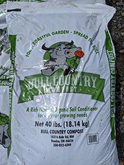 Bag of Bull Country Compost, white with green accents, featuring a bull logo.