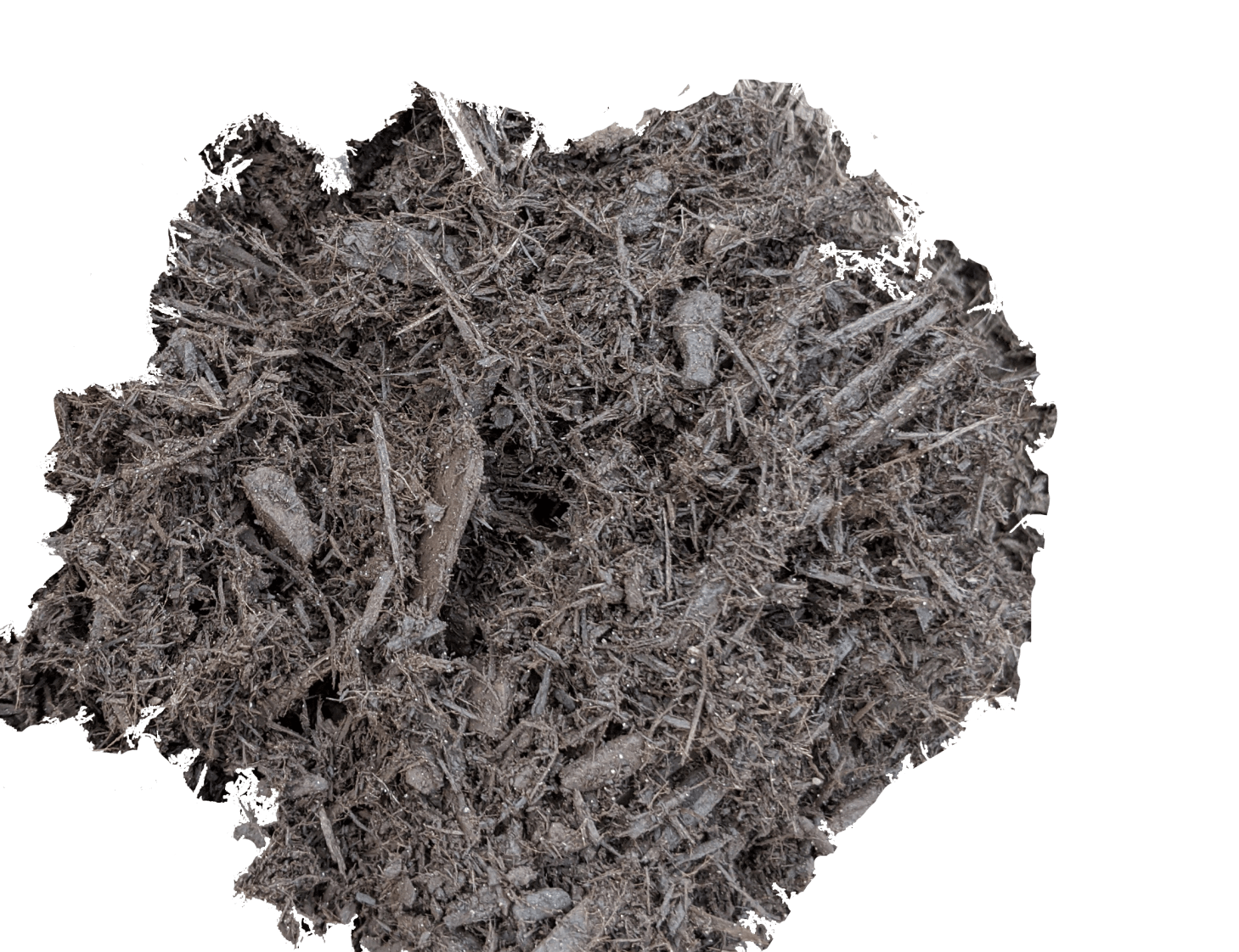 Pile of dark, shredded mulch on a white background.
