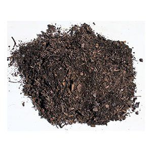 Pile of dark brown, organic compost with visible pieces of wood and plant matter.