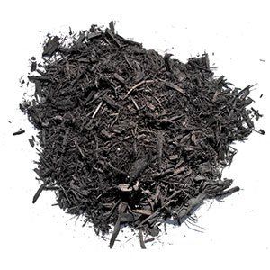 Pile of dark brown mulch on a white background.
