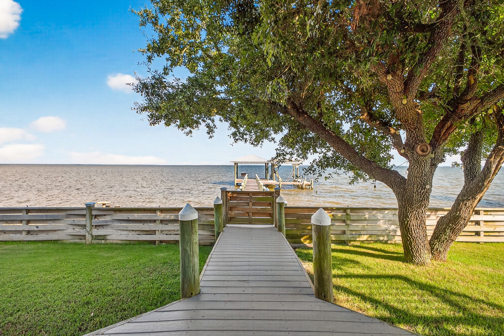 Wooden dock leading to a lake with grassy shore, large tree, and a bright blue sky