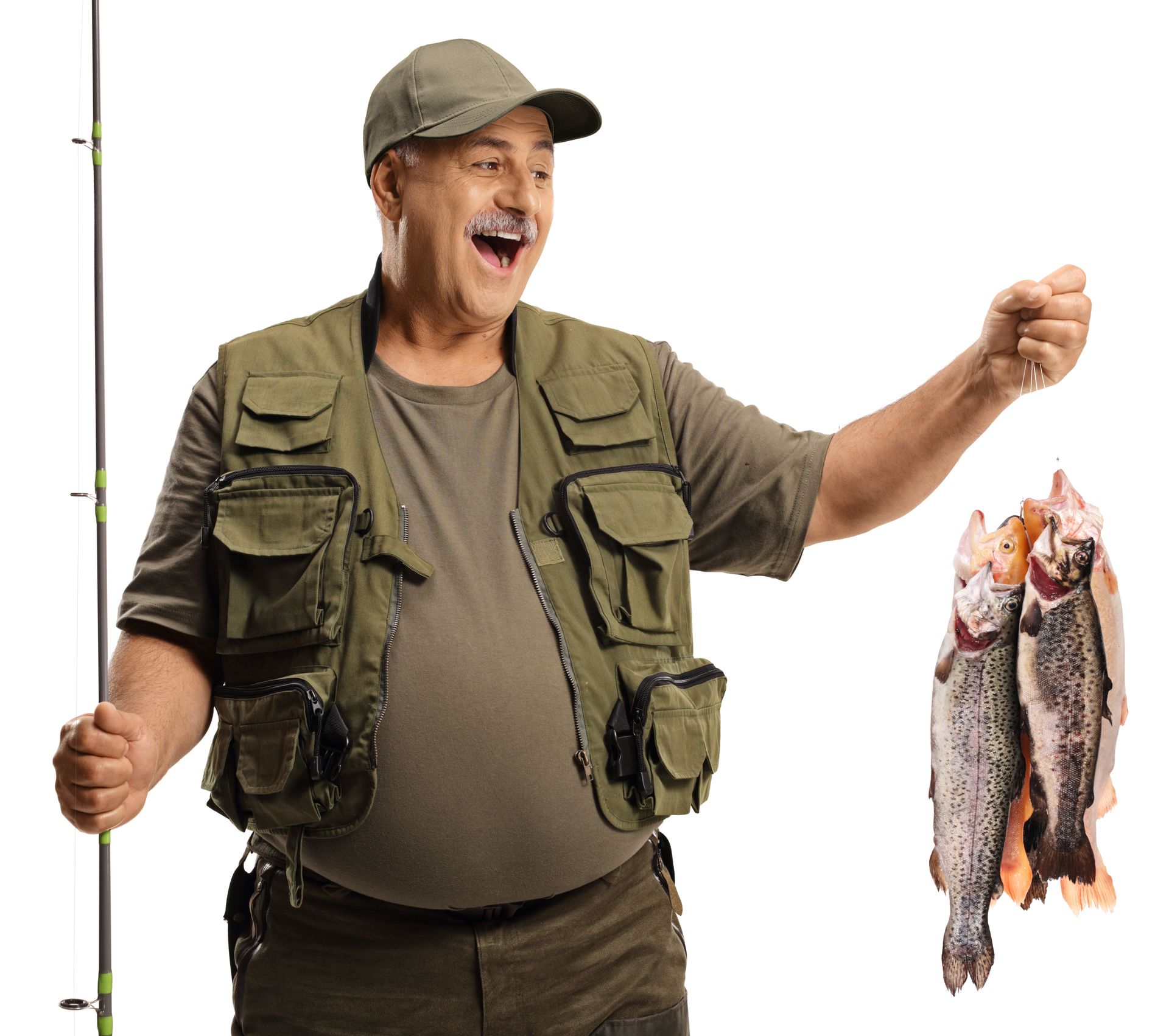 Smiling fisherman in green vest and cap holds a fishing rod and a string of caught fish