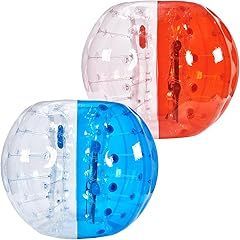 A red , white and blue bubble soccer ball on a white background.