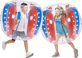 A boy and a girl are playing in an inflatable bubble.