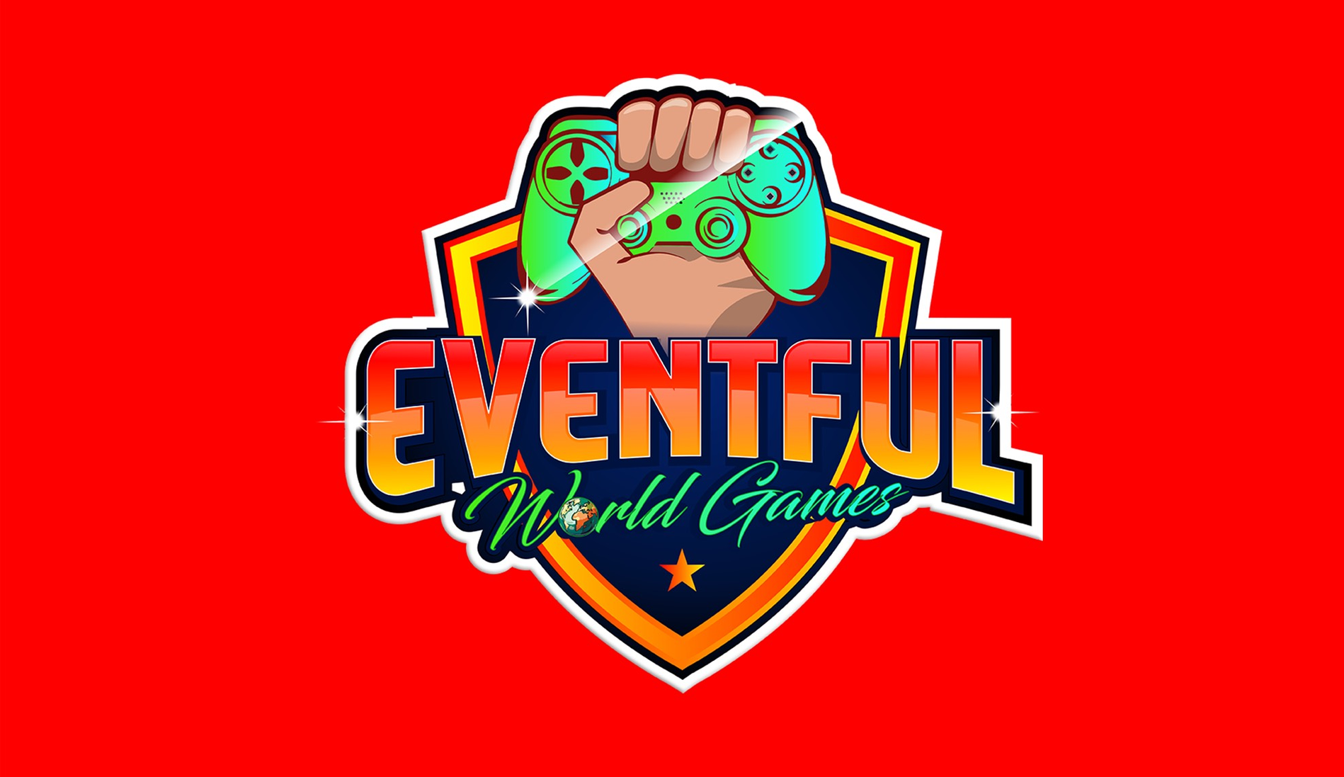 A logo for eventful world games with a fist holding a video game controller.