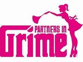 A pink logo for partners in crime with a woman holding a broom