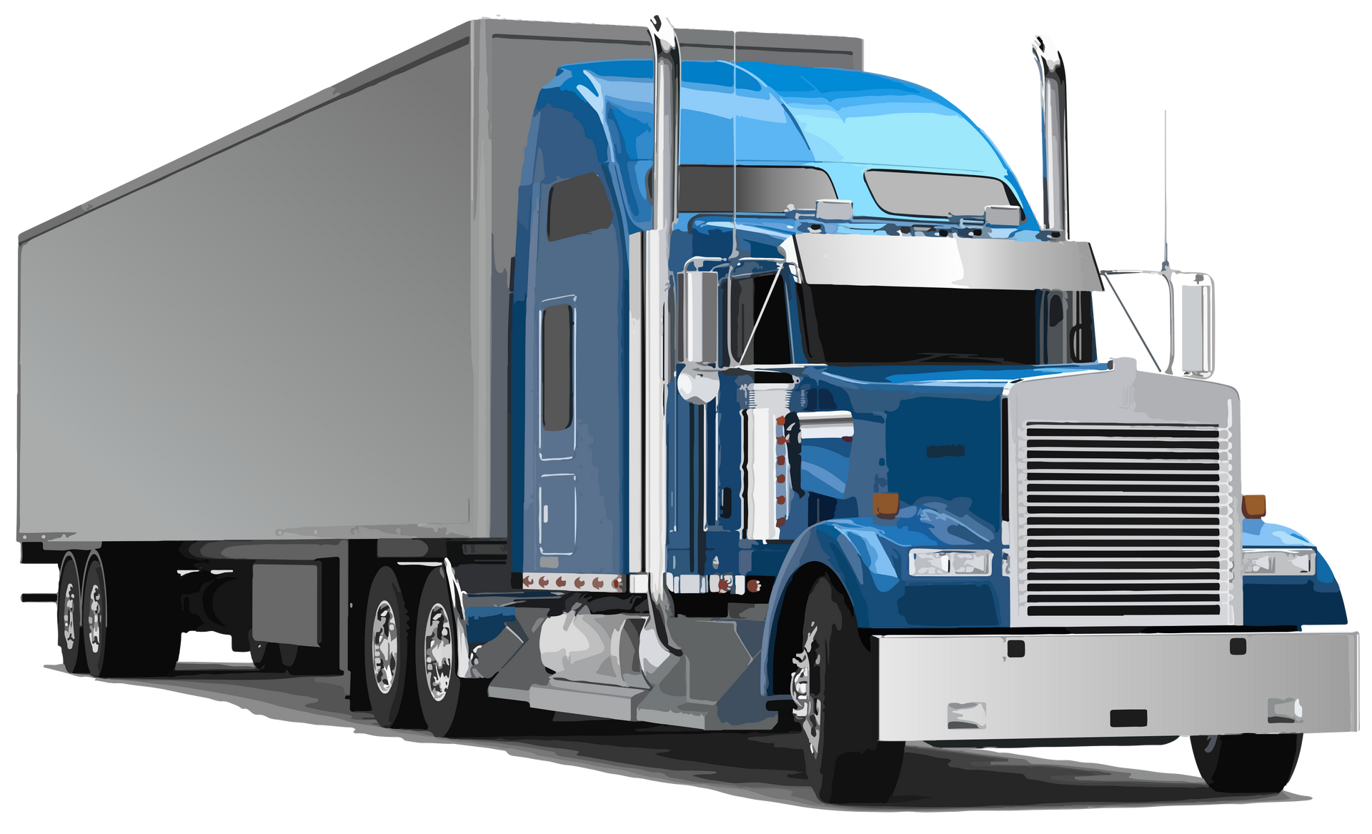 Blue semi-truck with gray trailer on a white background.