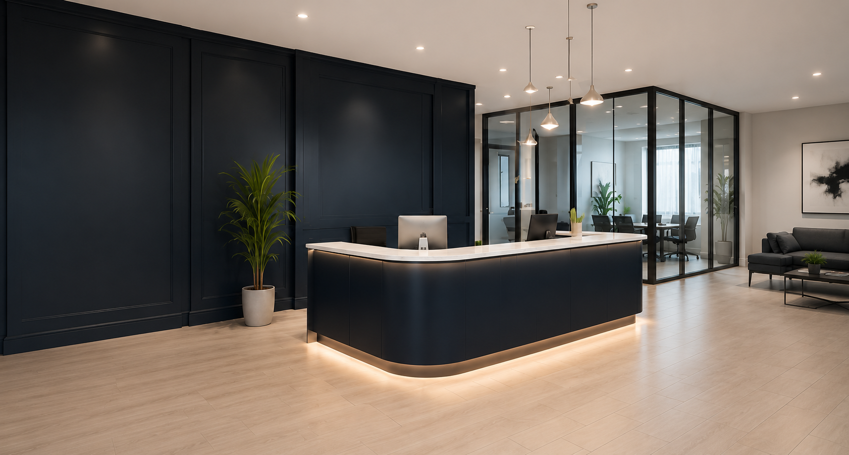 Modern hotel reception desk with dark wood paneling, glass entryway, and lounge seating in a bright lobby
