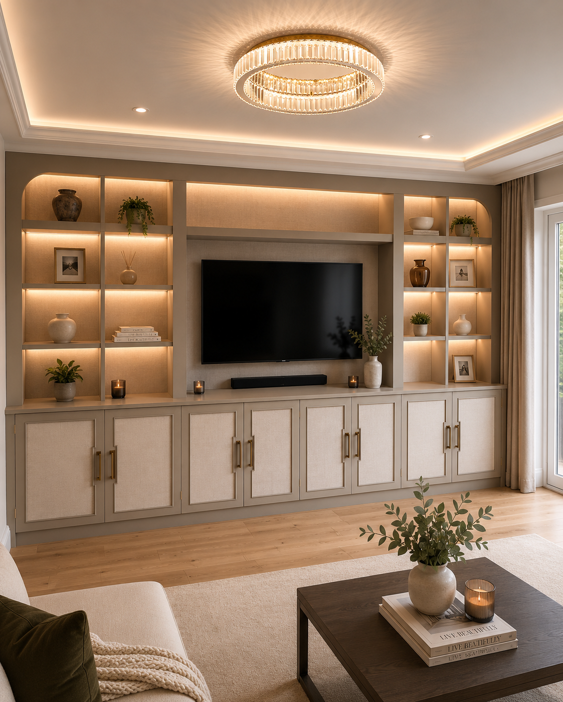 Modern living room wall with mounted TV, linear fireplace, and lit built-in display shelves