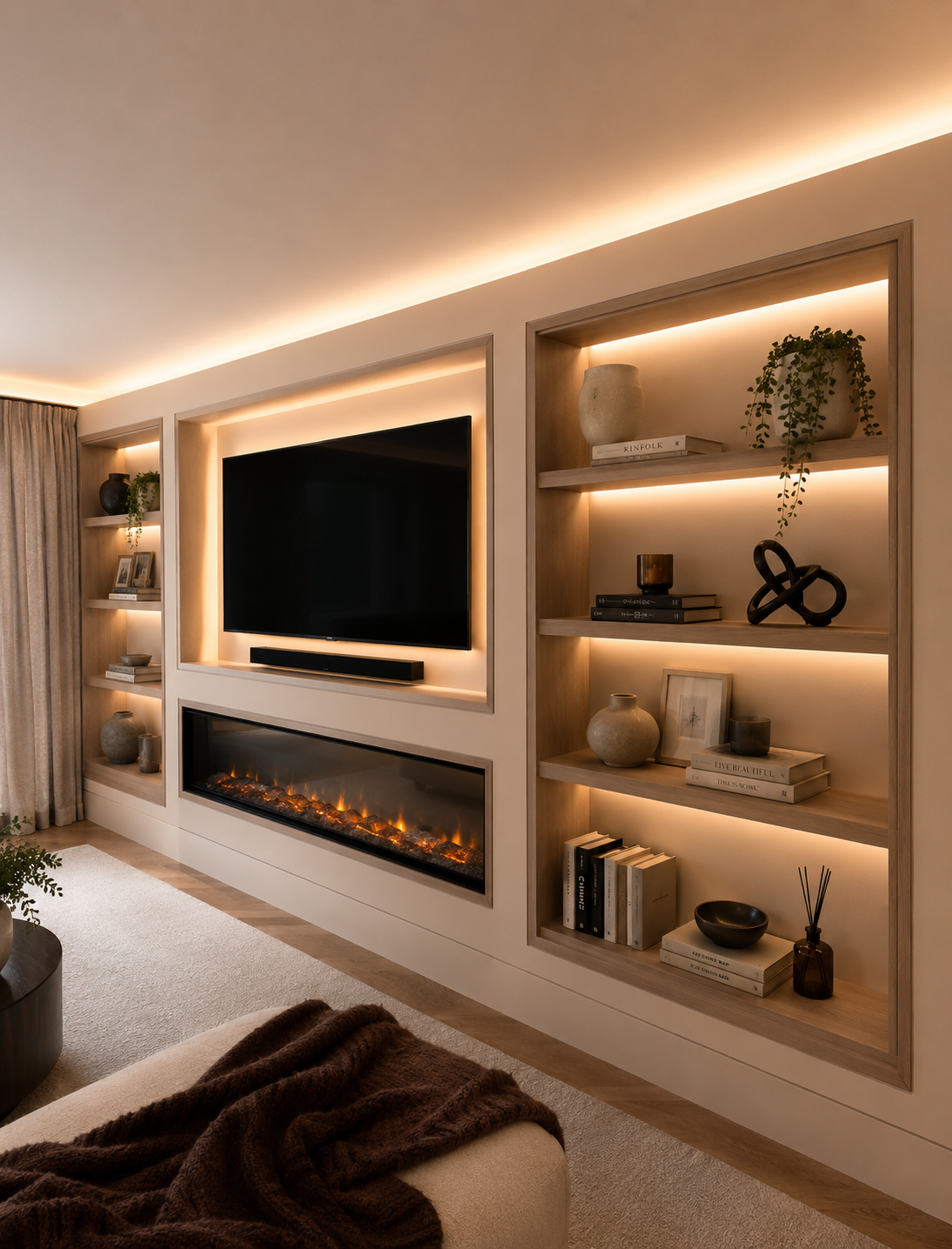 Modern living room with wall-mounted TV above a sleek linear fireplace and built-in lit shelving.