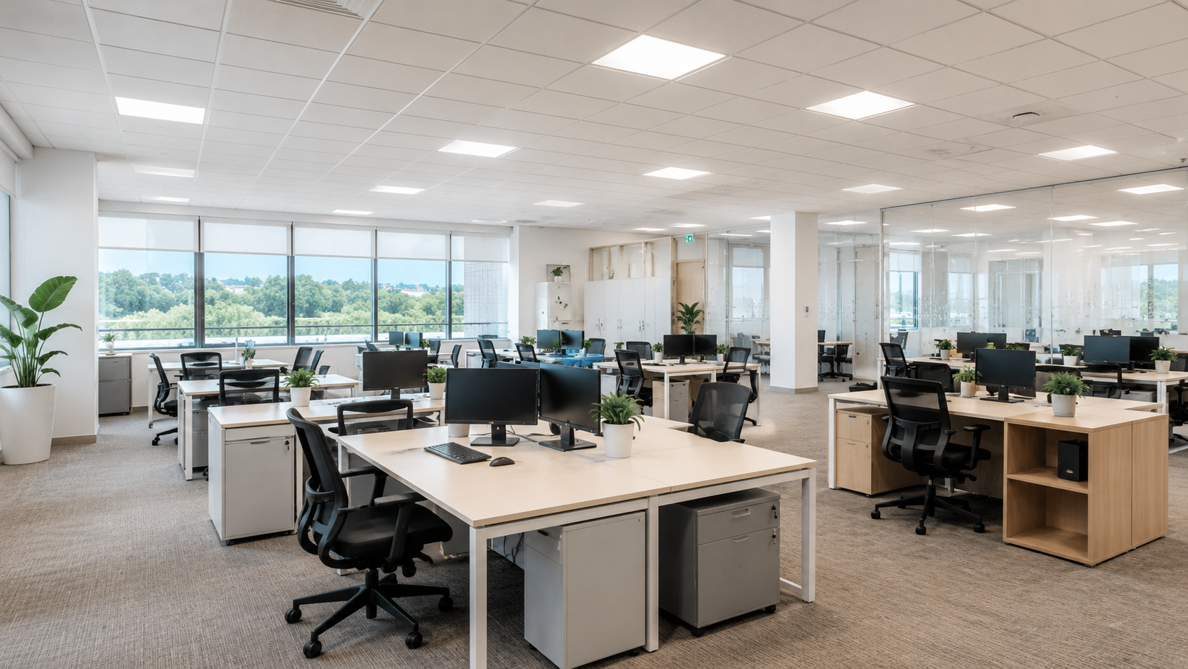 Open-plan office with desks, computers, chairs, and large windows