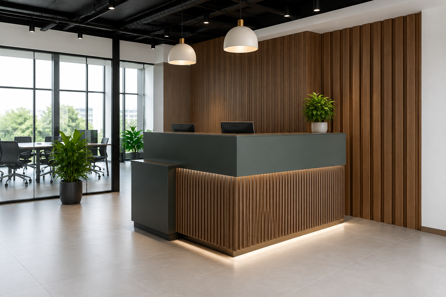 Modern office lobby with a wood-accent reception desk, pendant lights, and large windows
