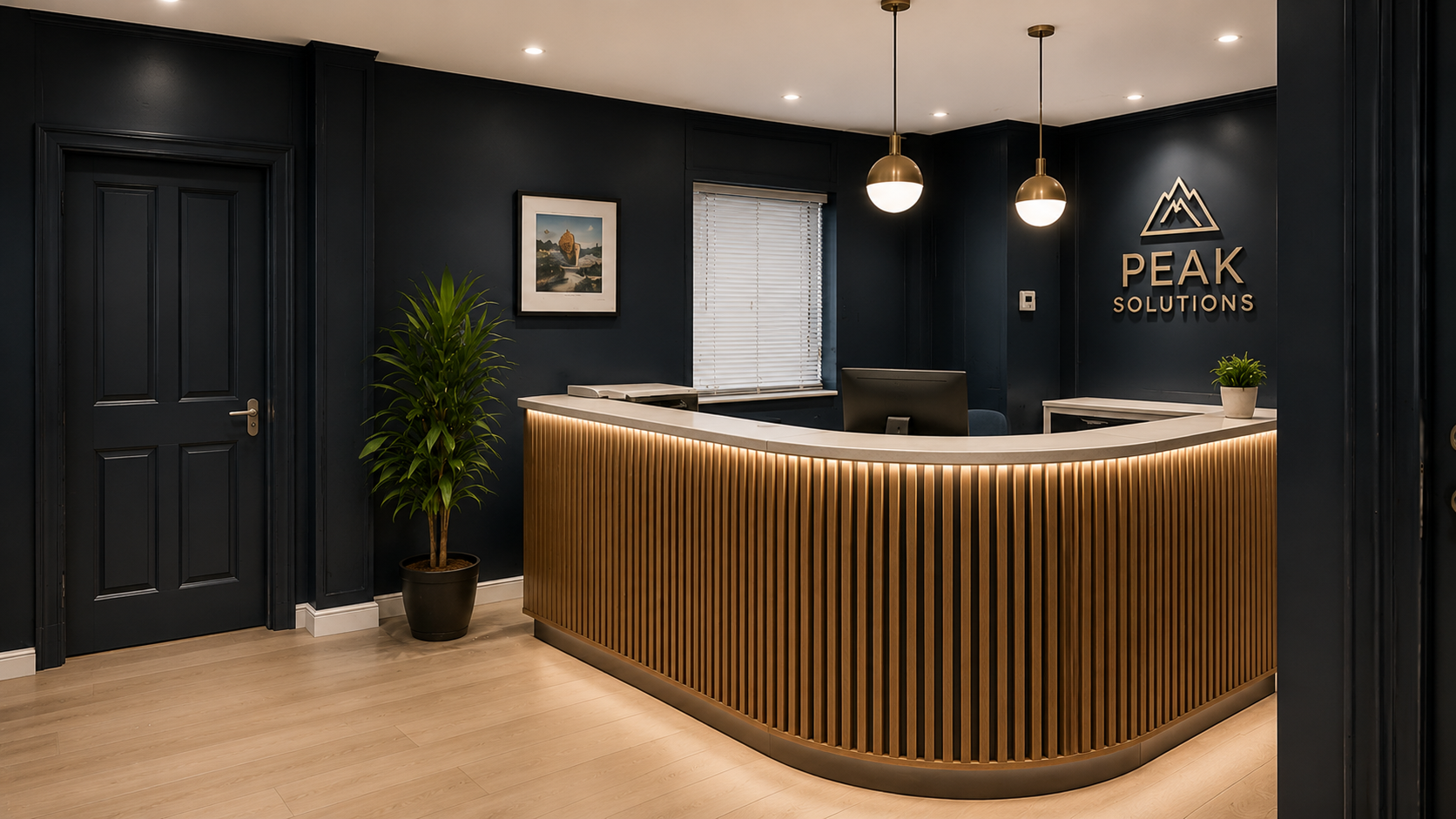Modern hotel reception desk with dark walls, wood counter, pendant lights, and potted plant