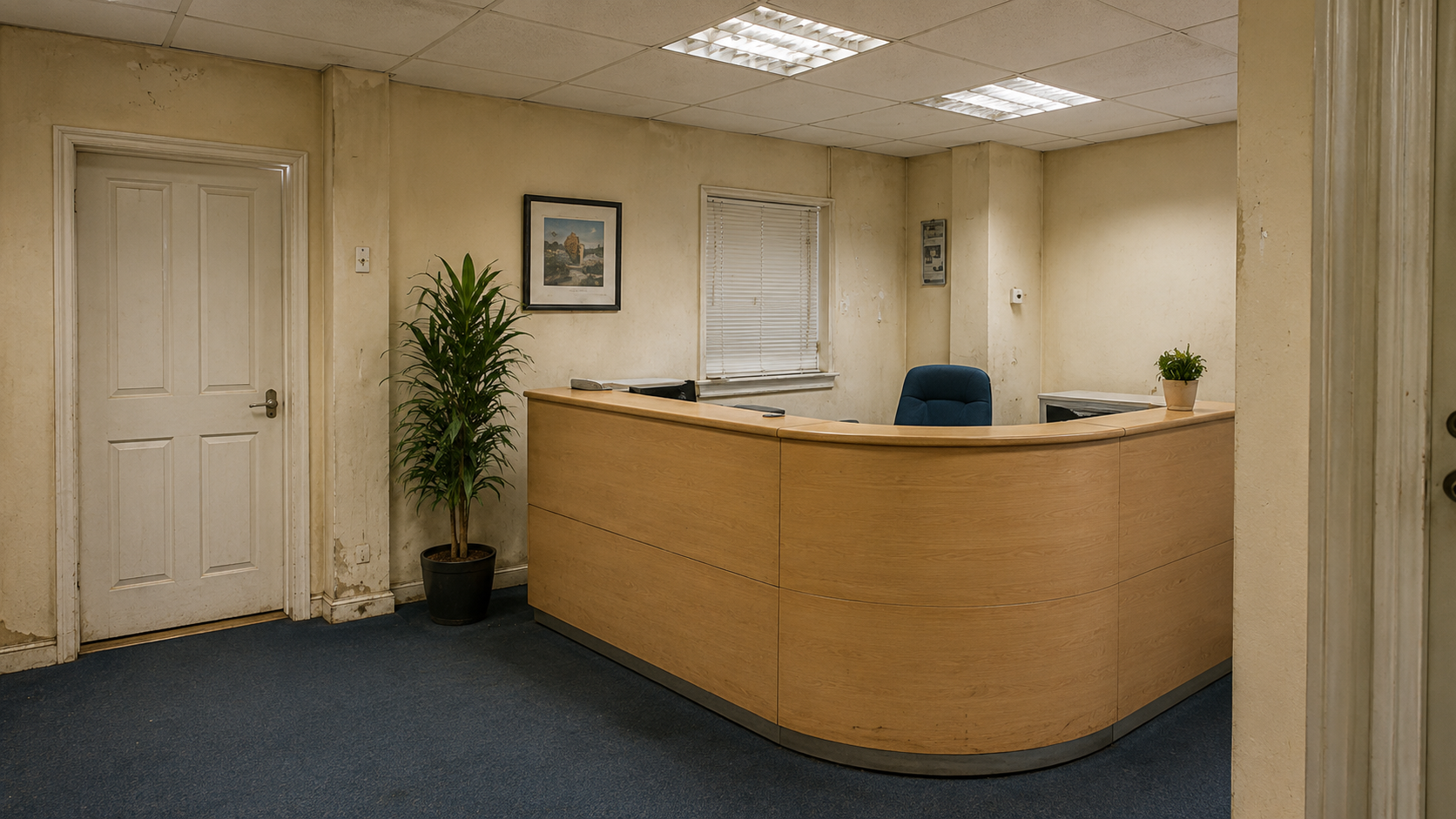 Empty office reception area with tan desk, potted plant, and closed doors