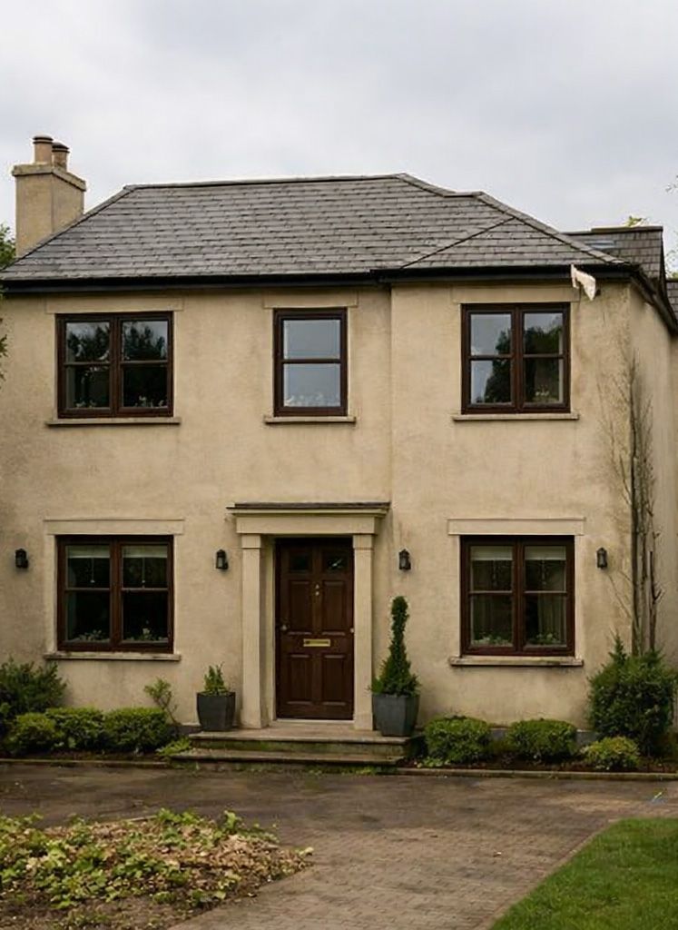 Two-story beige house with dark-framed windows, front door, and a paved driveway under an overcast sky