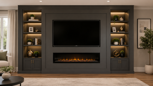 Modern living room wall with a large TV above a linear fireplace and lit built-in shelves on both sides