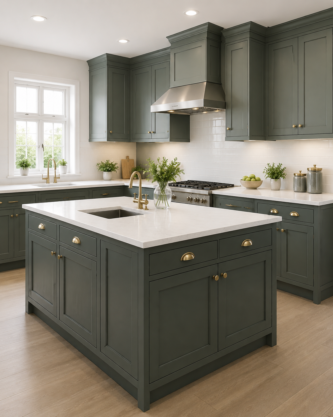 Modern kitchen with dark green cabinets, white island, and stainless steel range hood