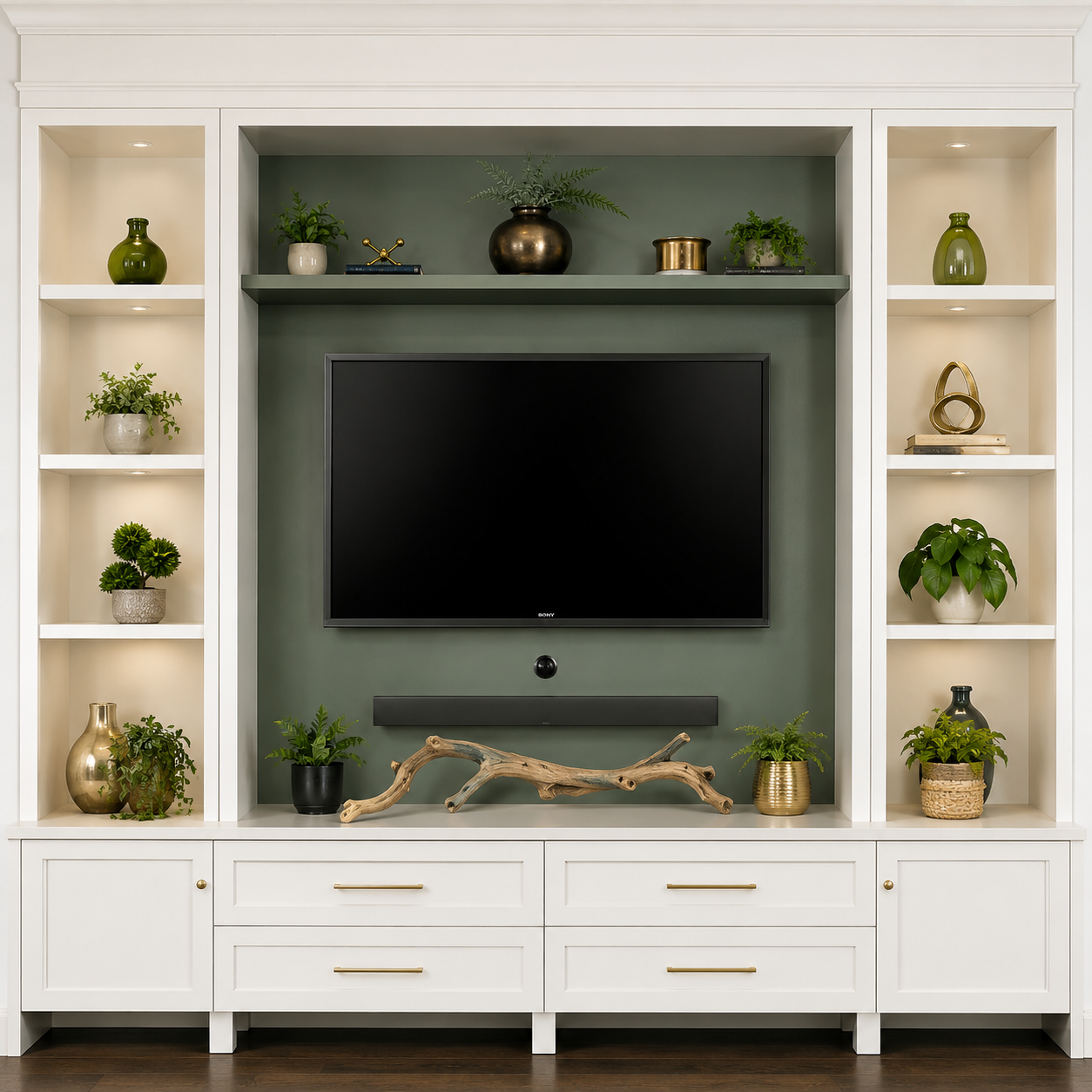 Built-in white entertainment center with TV, shelves, and potted plants