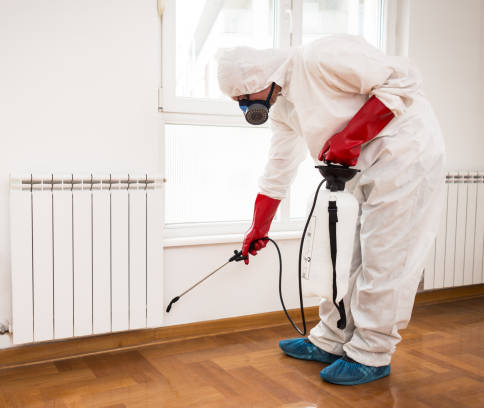 Professional exterminator in protective workwear applying pesticide with a sprayer to control pests.