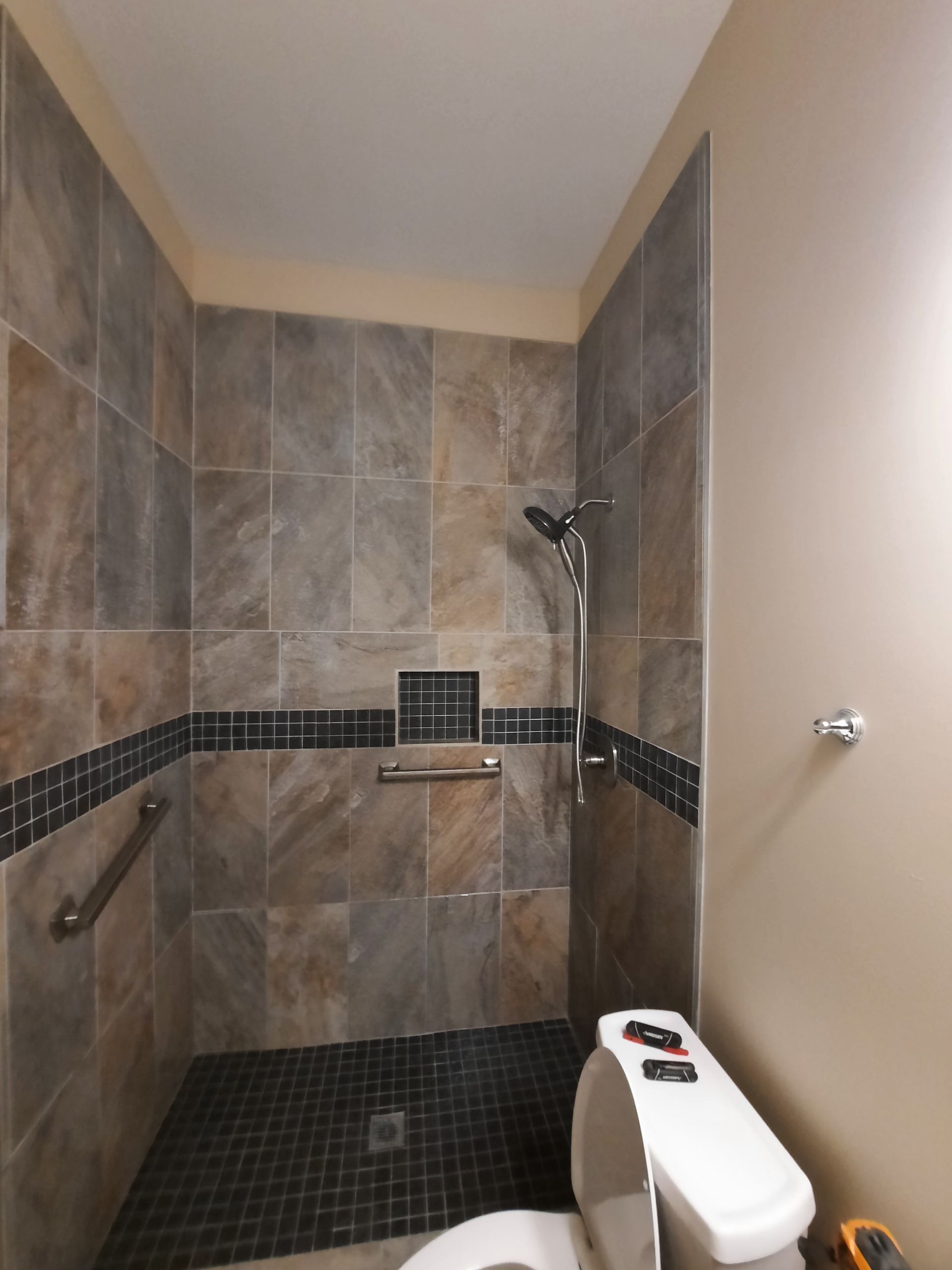 A bathroom with a toilet and a walk in shower