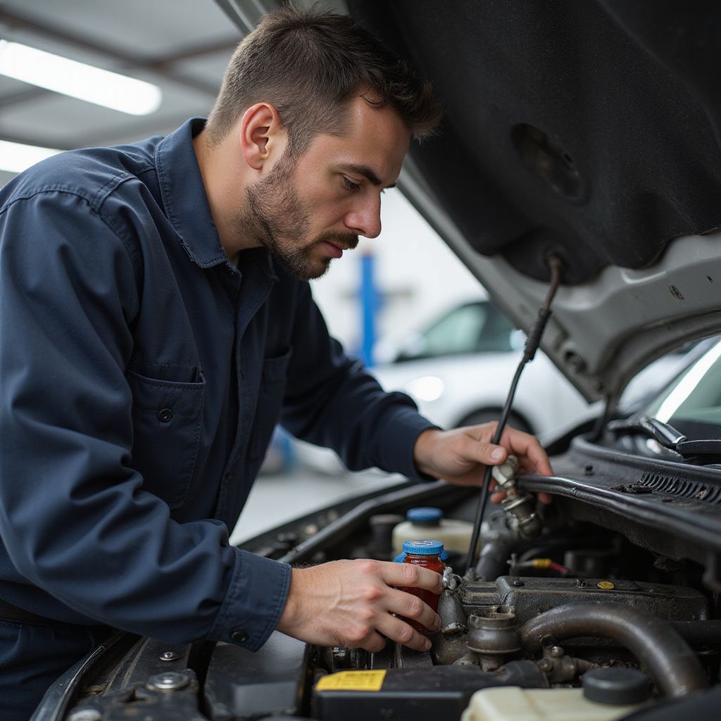 Mechanic in blue coveralls working on a car engine in a garage.