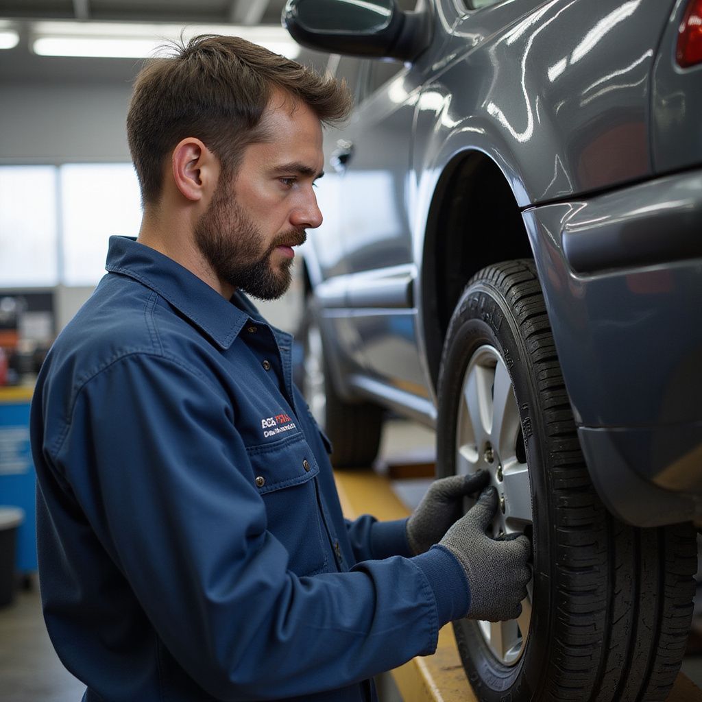 Mechanic in blue uniform, examining car wheel; workshop setting.