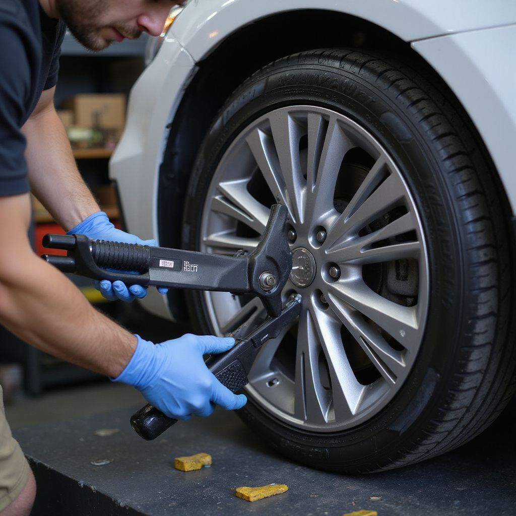 Mechanic using a tool on a car wheel, wearing blue gloves.