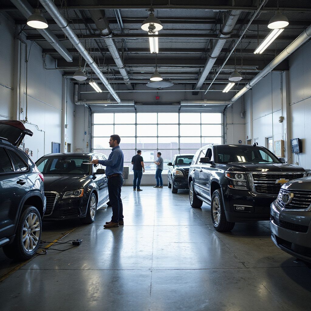 Cars inside a well-lit auto repair shop with mechanics and a man examining a vehicle.