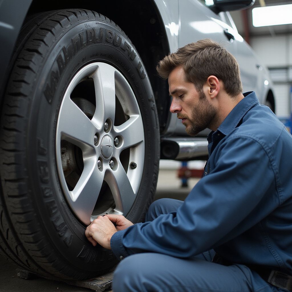 Mechanic in blue uniform inspecting a car tire in a garage.