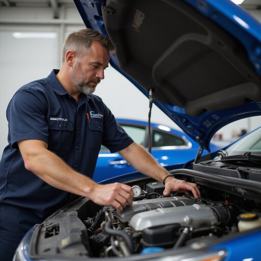 Mechanic in blue uniform inspects car engine in a garage; hood open.