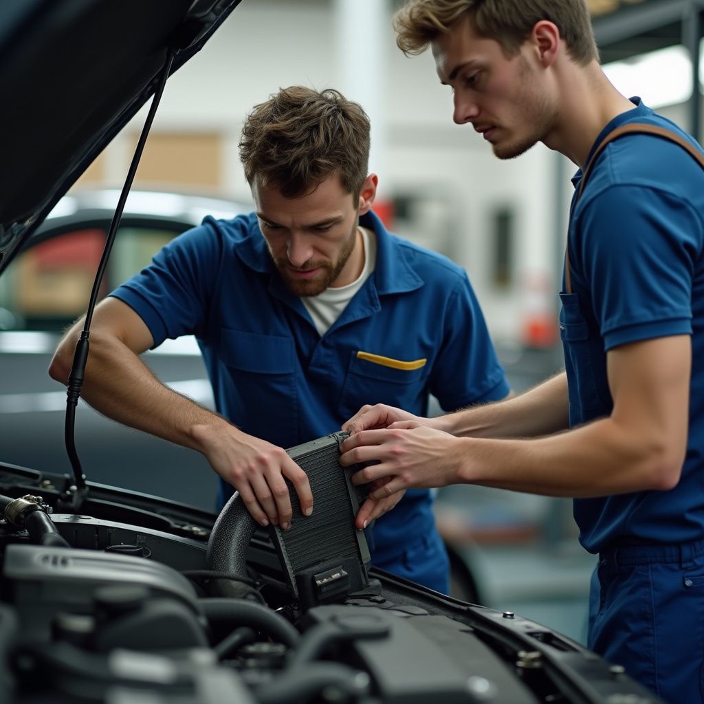 Two mechanics in blue shirts working on a car engine in a repair shop.