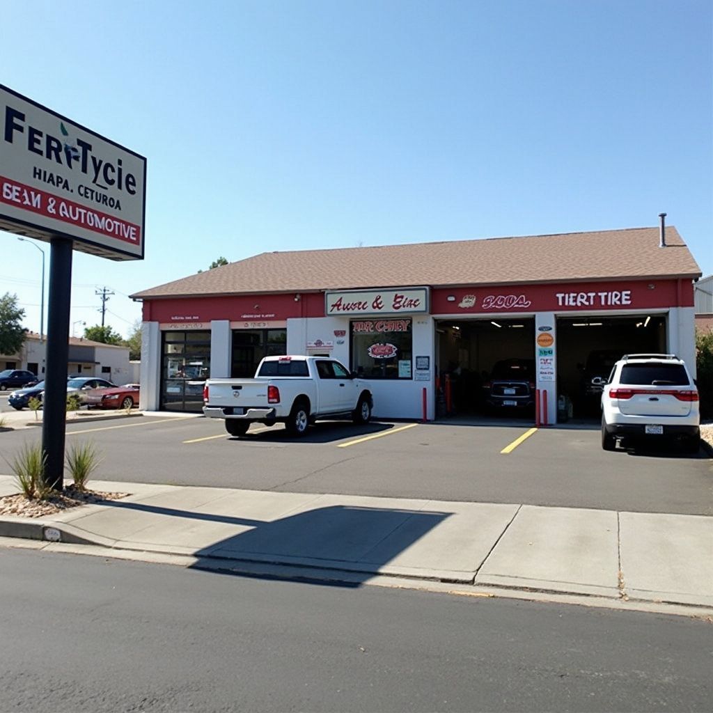 Auto repair shop with white trucks parked outside. Sign reads