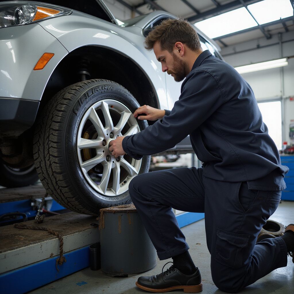 Mechanic in blue uniform changes a tire on a silver car in a garage.