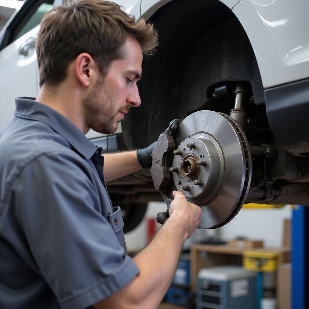 Mechanic examining a car brake rotor while wearing gloves in a garage.