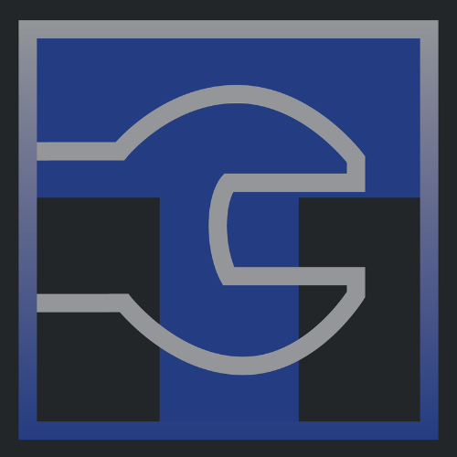 Blue square with gray outline, containing an abstract design.