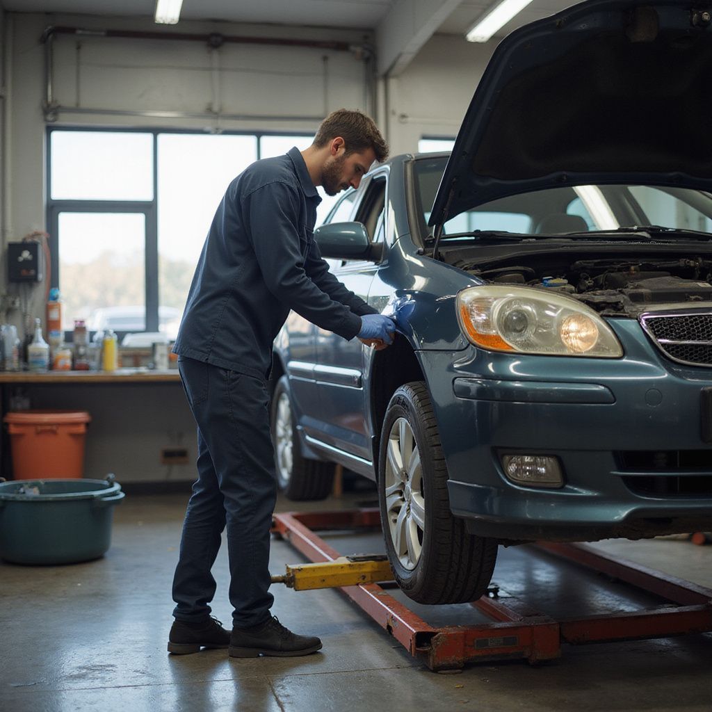 Mechanic working on a blue car in a garage with the hood open, car raised on a lift.