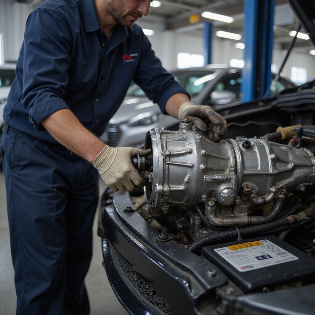 Mechanic in blue uniform working on a car engine in a garage; uses gloves.