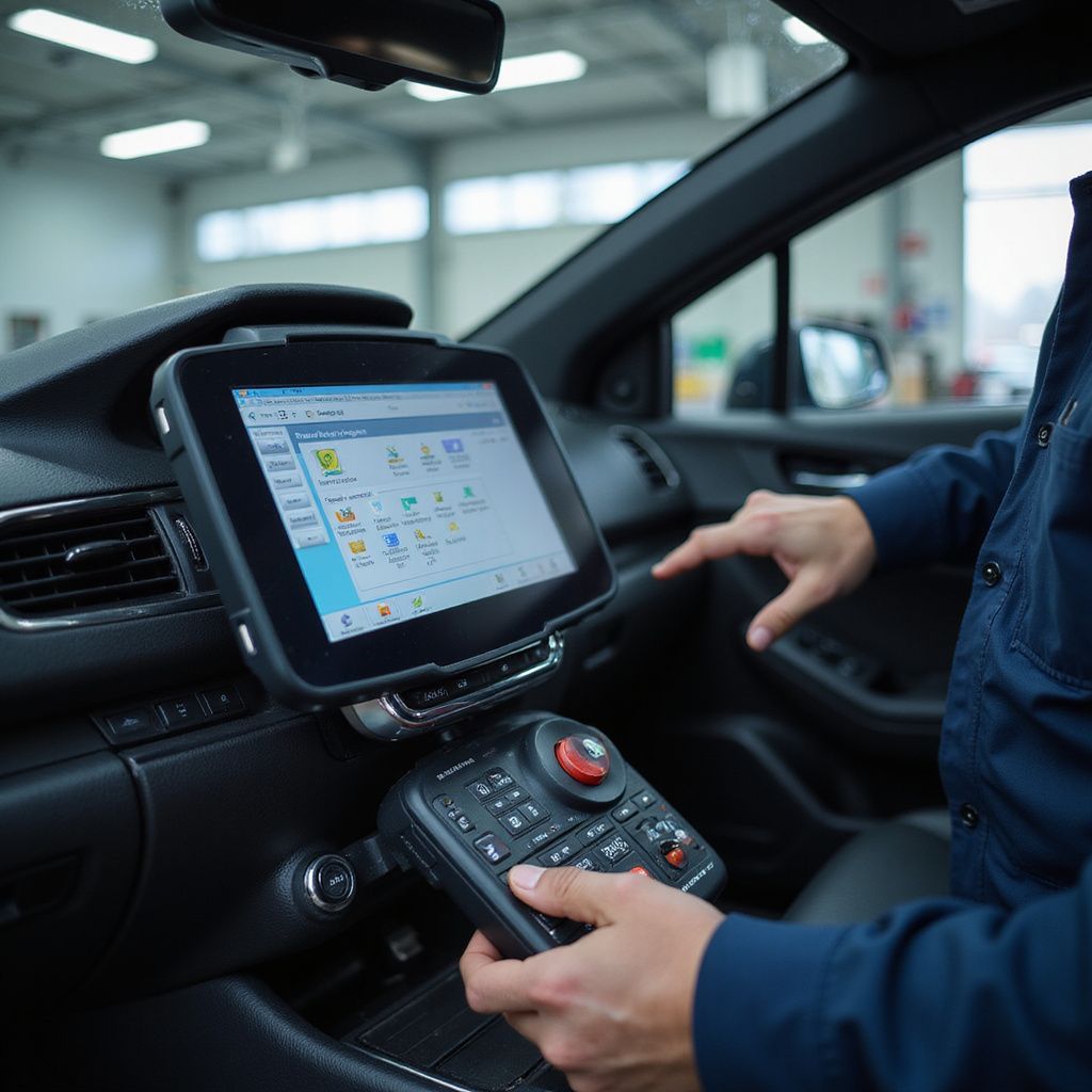 Person using a tablet and control panel inside a car for diagnostic purposes.