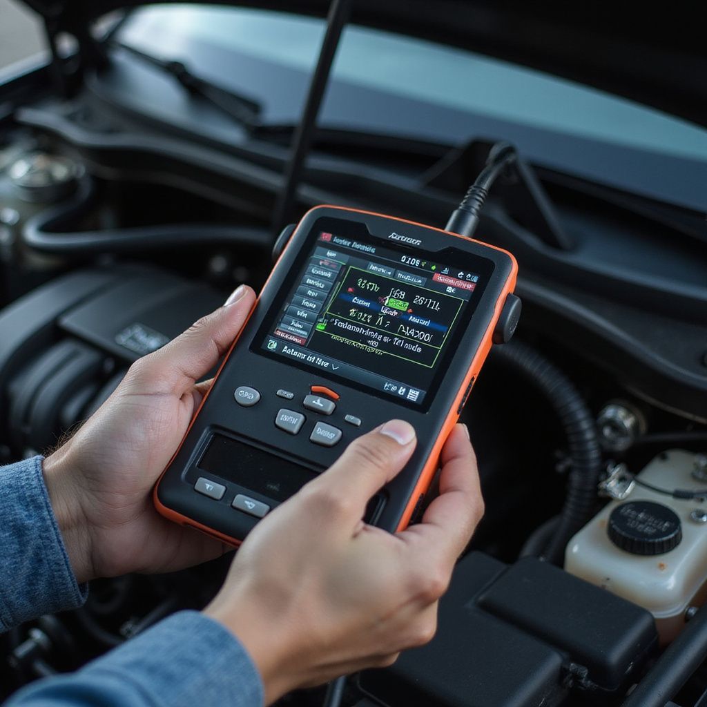 Person using an orange diagnostic tool on a car engine, displaying data on screen.