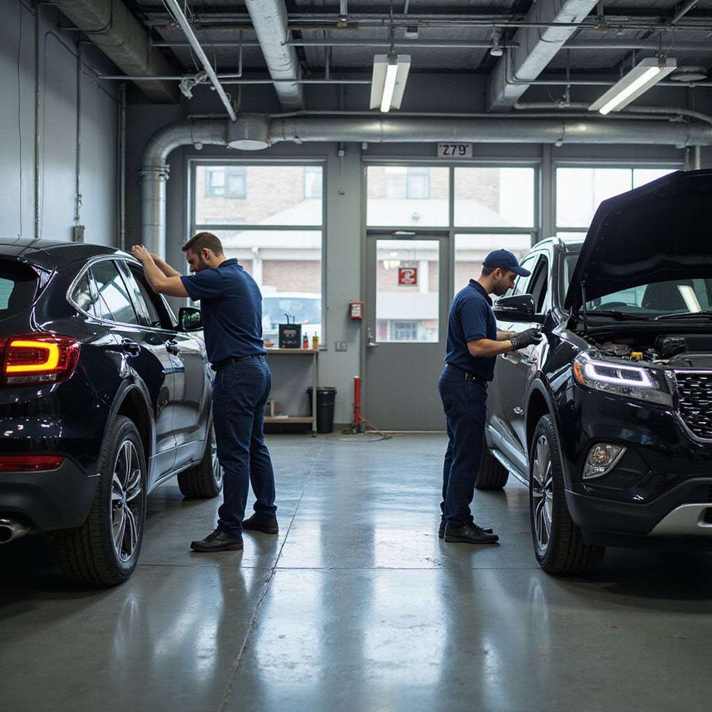 Two mechanics working on black SUVs in a garage. One has hood open, one leans over the car.