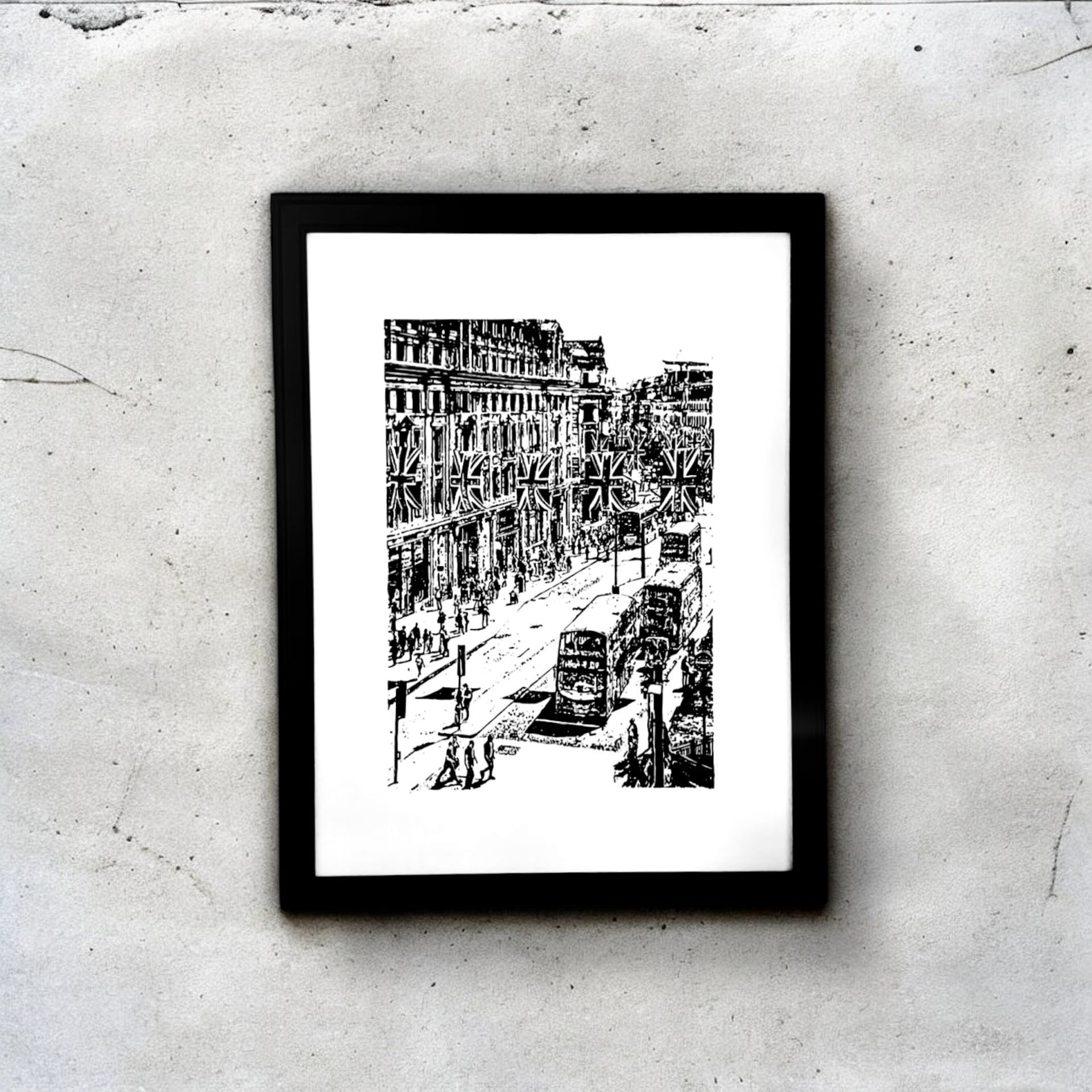 A4 Print of a London Street with British Flags and Busses