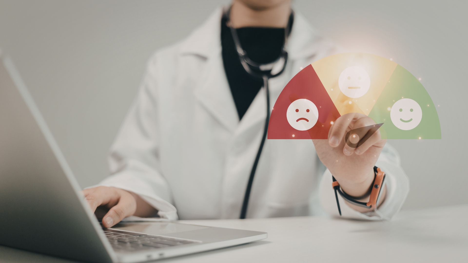 Doctor in white coat holding a satisfaction gauge next to a laptop, showing red and green face icons