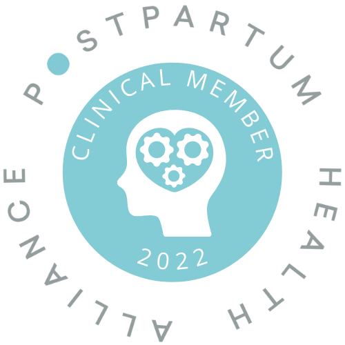 Postpartum Health Alliance Clinical Member badge, blue and gray, 2022. Features a brain with gears and a profile.
