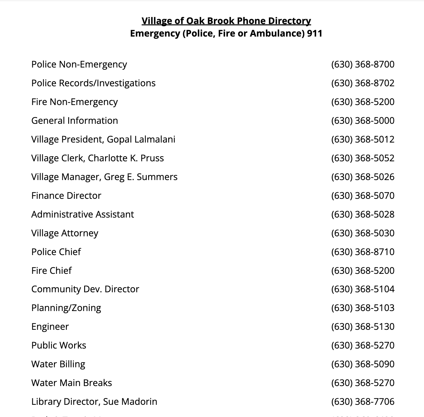 A list of phone numbers for the village of oak brook phone directory