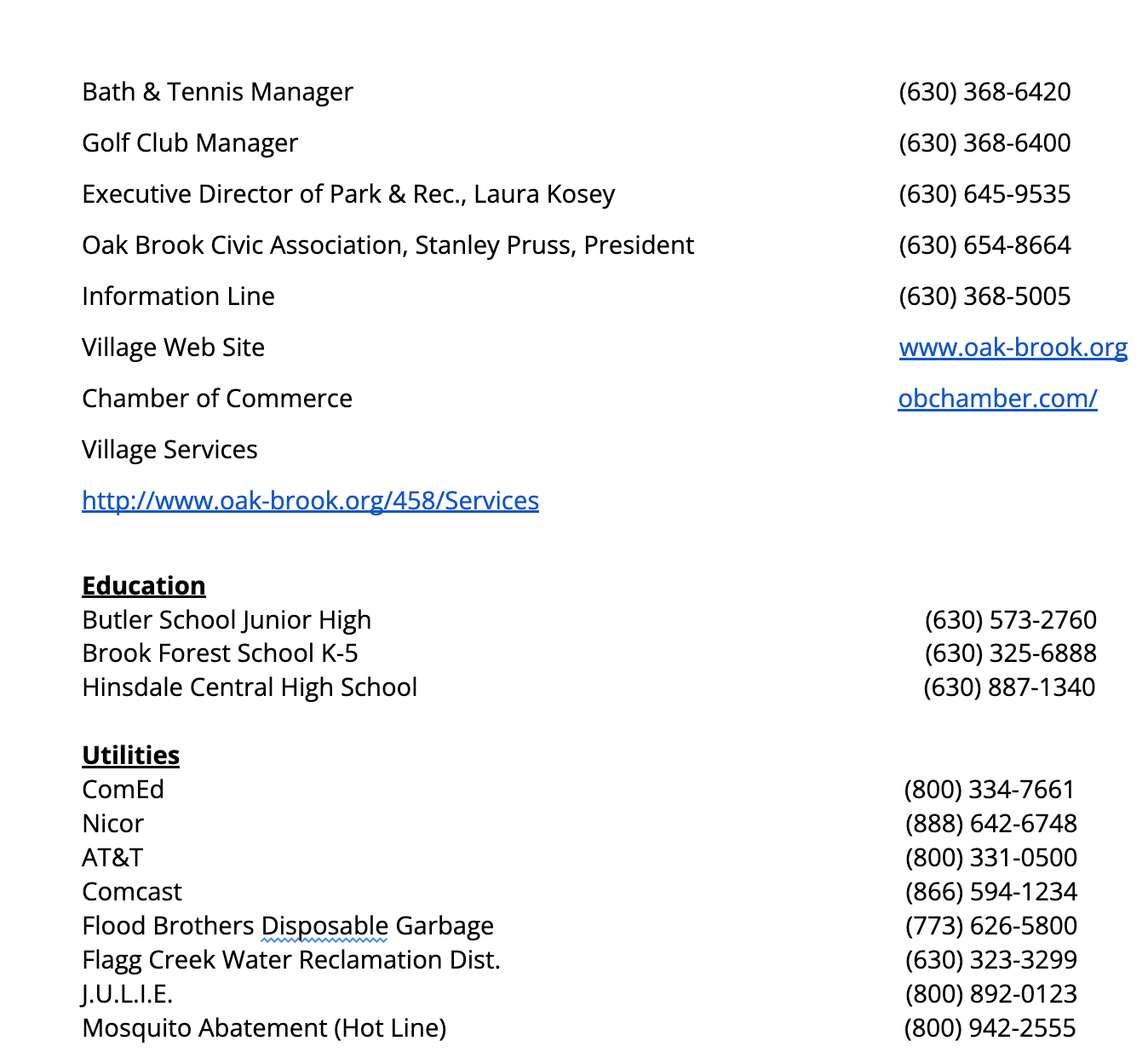 A list of phone numbers and email addresses for a company
