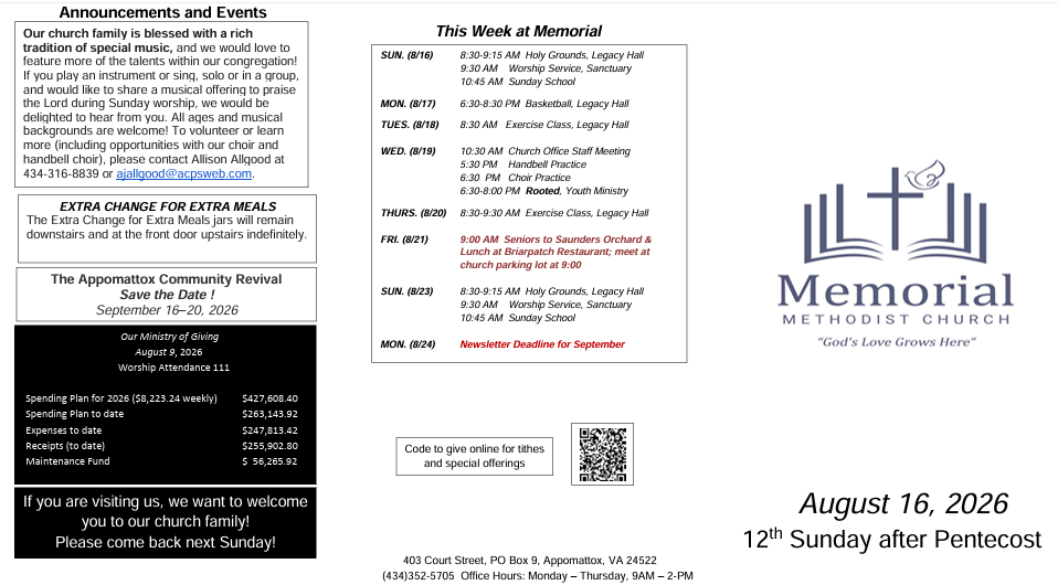 A flyer for a church that says this week at memorial