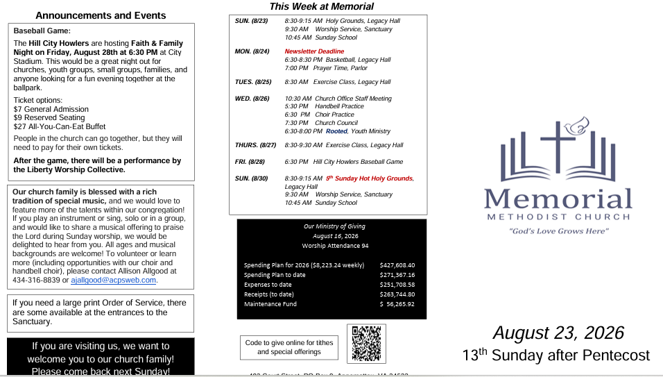 A flyer for a church that says this week at memorial