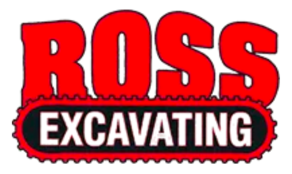 Red and black logo reading “ROSS EXCAVATING” with a gear-like outline