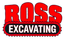 Red and black logo reading “ROSS EXCAVATING” with a gear-like outline